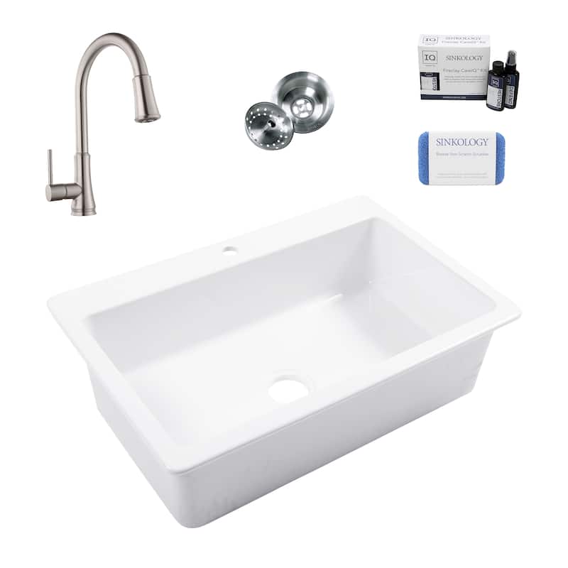 Jackson Crisp White Fireclay 33" Single Bowl Drop-In Kitchen Sink (1 Hole) with Pfirst Faucet Kit
