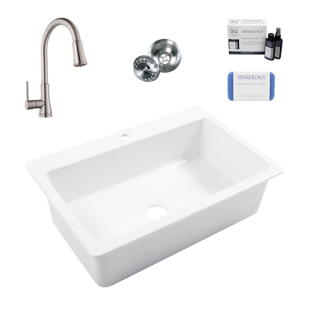 Jackson Crisp White Fireclay 33" Single Bowl Drop-In Kitchen Sink (1 Hole) with Pfirst Faucet Kit