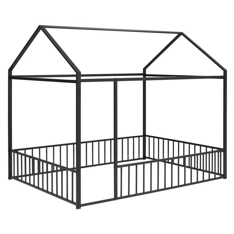 Kids' Twin/Full Metal House Bed Frame with Roof and Fence, Playful Sleep and Play Space, Sturdy Frame, Multiple Colors