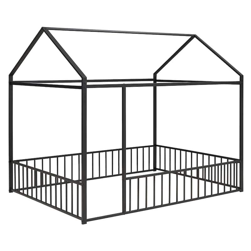 Metal House Bed Frame with Fence and Roof for Kids, Teens, Girls, Boys