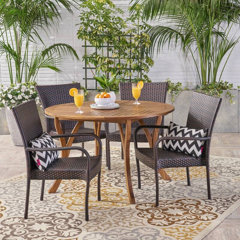 Collins Outdoor 5 Piece Acacia Wood and Wicker Dining Set by Christopher Knight Home - Teak