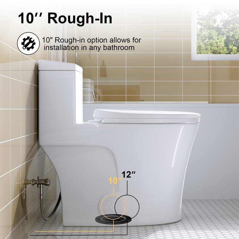 HOROW 1 Piece Dual Flush Elongated Toilet White 10 Inch Rough In WaterSense High Efficiency