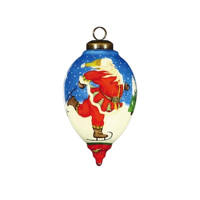Ice Skating Santa Hand Painted Mouth Blown Glass Ornament - 4" x 2.5" x 2.5"
