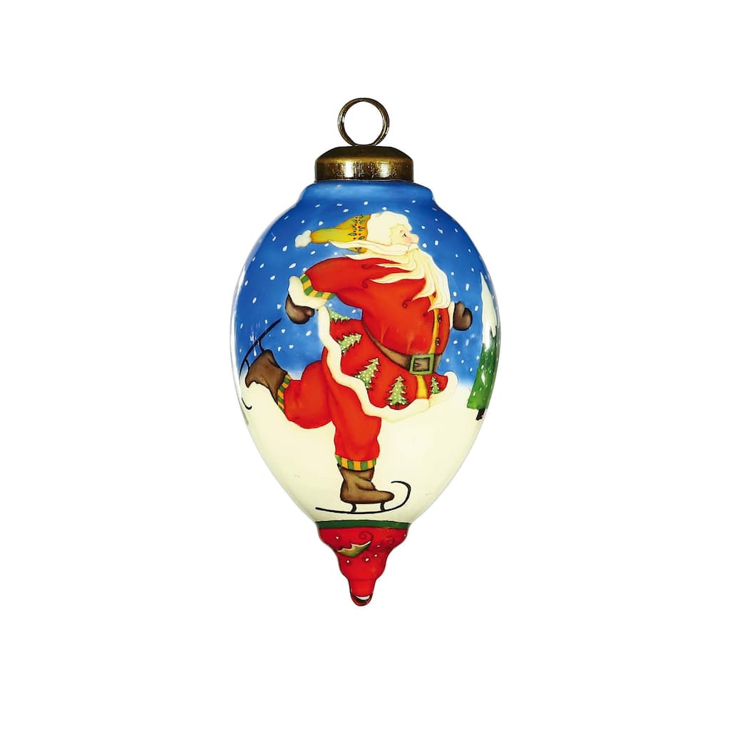 Ice Skating Santa Hand Painted Mouth Blown Glass Ornament - 4" x 2.5" x 2.5"