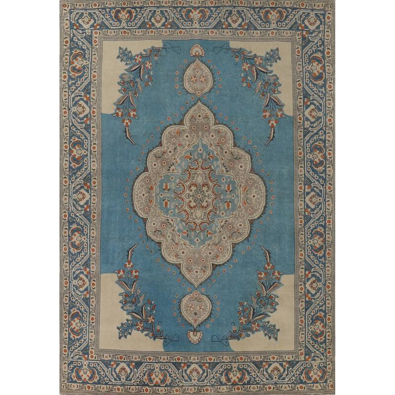 Blue Tabriz Vintage Persian Area Rug Handmade Traditional Wool Carpet - 9'7" x 12'8"