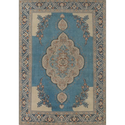 Blue Tabriz Vintage Persian Area Rug Handmade Traditional Wool Carpet - 9'7" x 12'8"