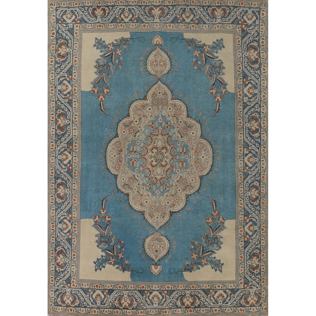 Blue Tabriz Vintage Persian Area Rug Handmade Traditional Wool Carpet - 9'7" x 12'8"