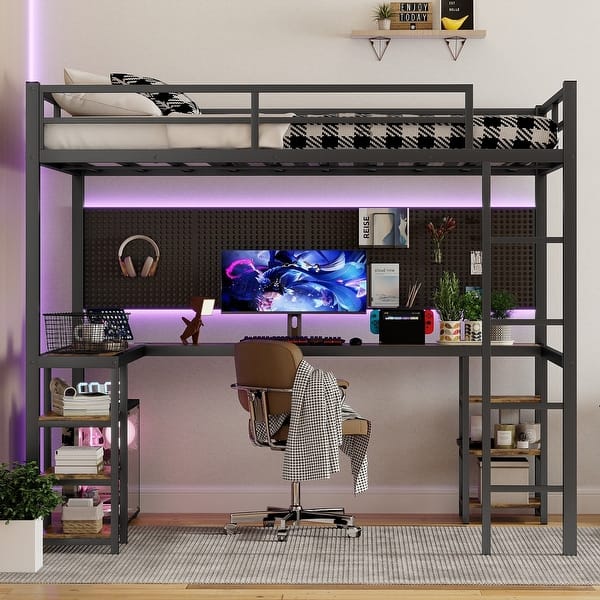 slide 2 of 13, L-Shaped Full XL Metal Loft Kid Bed with Desk,Shelves,Ladder,Guardrail Black