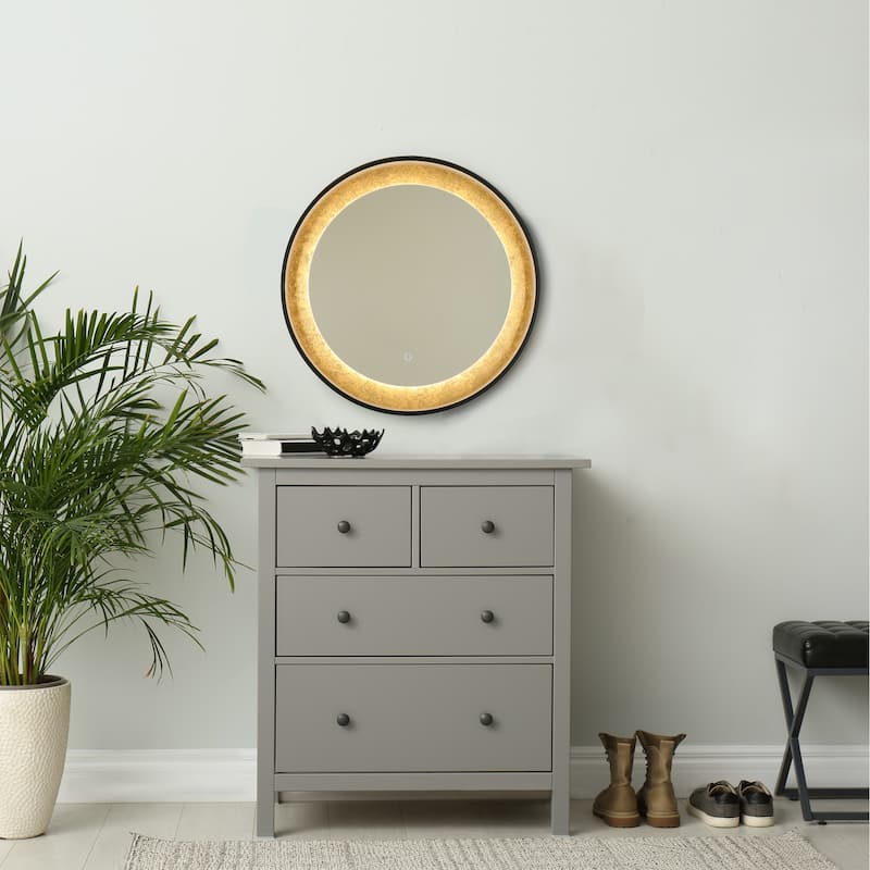 Evari 30 IN. Mid Century Modern Round Gold Leaf LED Bathroom Vanity Mirror Dimmable Makeup Light - Dia.30" x H1.5"