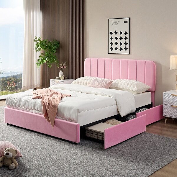 Pink Upholstered Platform Bed Frame with 4 Storage Drawers Adjustable Velvet Rivets Headboard Queen