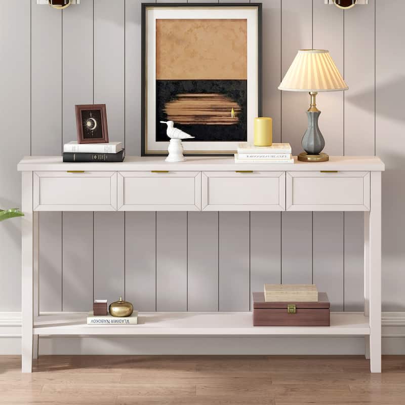 Contemporary High-Quality Entryway Console Table with 4 Spacious Drawersm,1 Practical Bottom ShelfLong Legs, for Hallway, Foyer