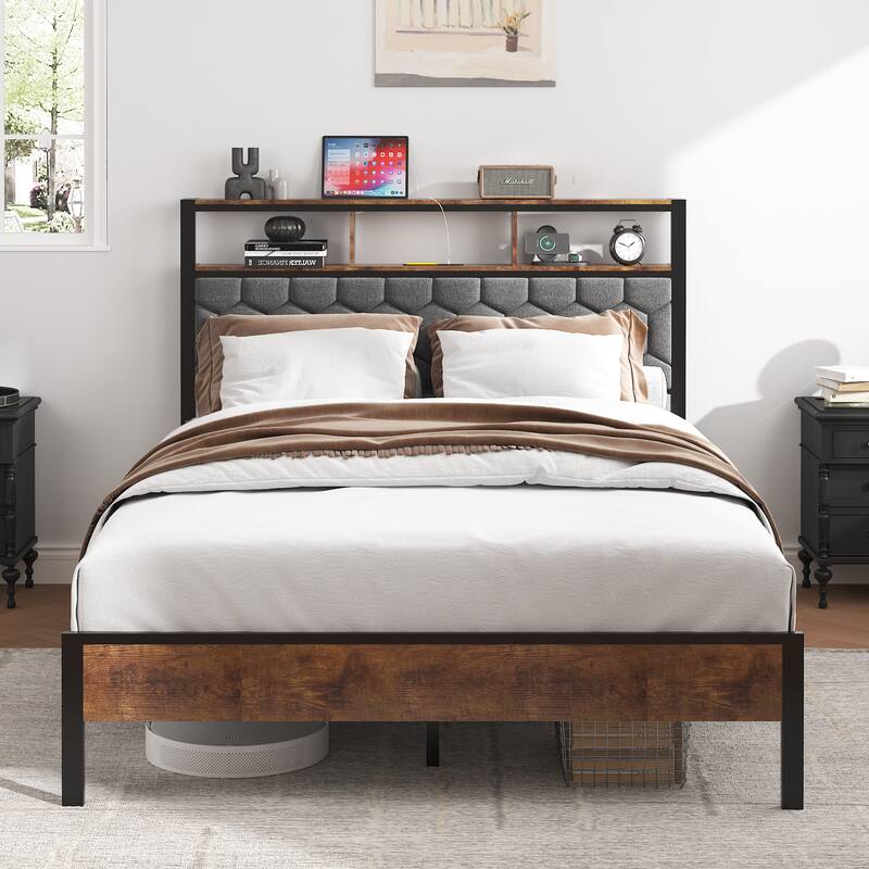 Wooden Platform Bed Frame with 2 USBs,No Noise - Full