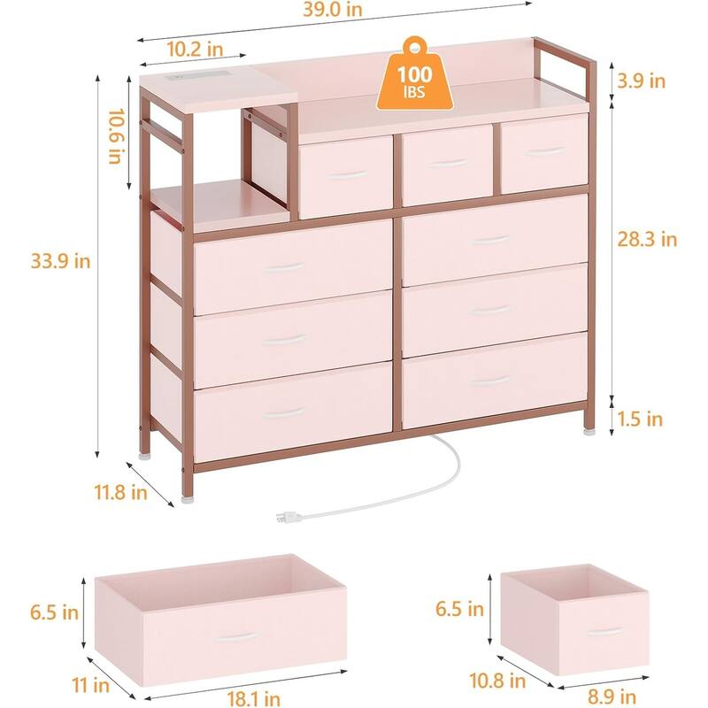 Bedroom Dresser with 9 Drawers Tv Stand with Charging Stand Modern Fabric Chest of Drawers
