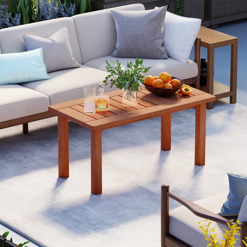 Natural Wooden Outdoor Rectangular Coffee Table with Slatted Top for Garden or Backyard - 35.5" x 18" x 17"