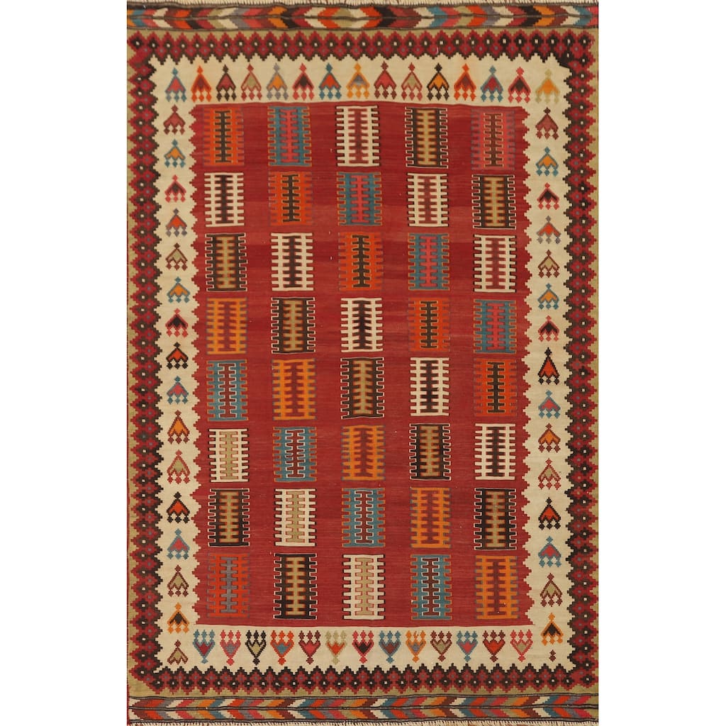 Kilim Qashqai Persian Vintage Area Rug Hand-Woven Red Wool Carpet - 4'7" x 7'1"