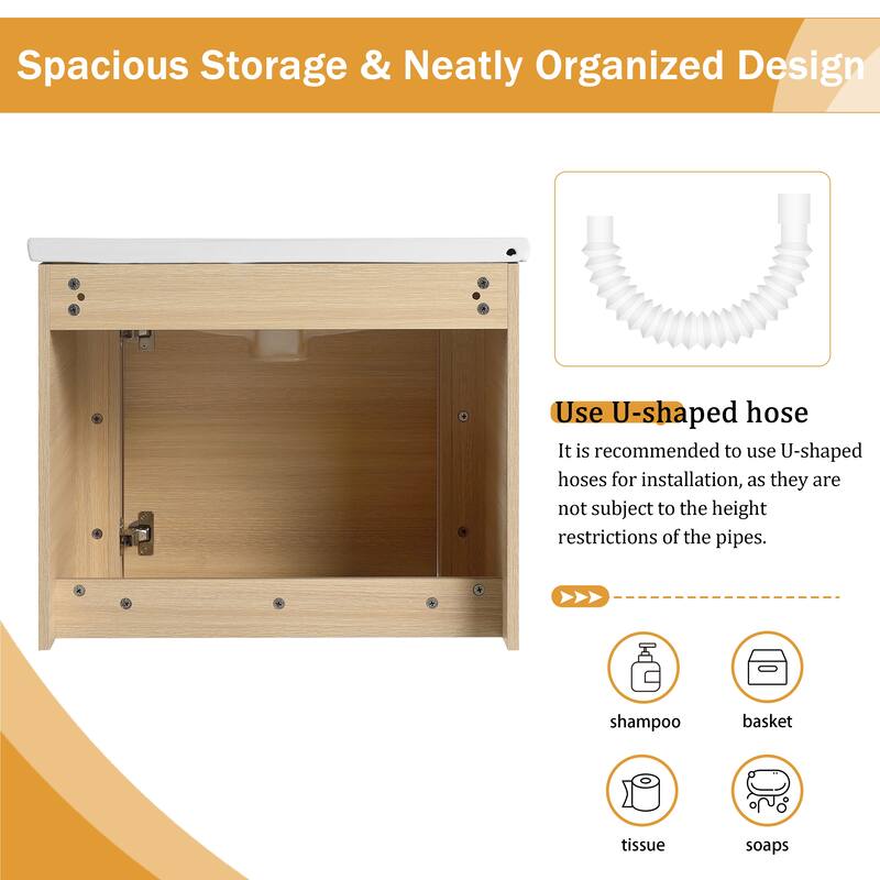 Malwee 24"/36"/48"/60" Floating Bathroom Vanity, Wall Mounted Bathroom Vanity with Ceramic Sink,Soft Close Door and Shelf