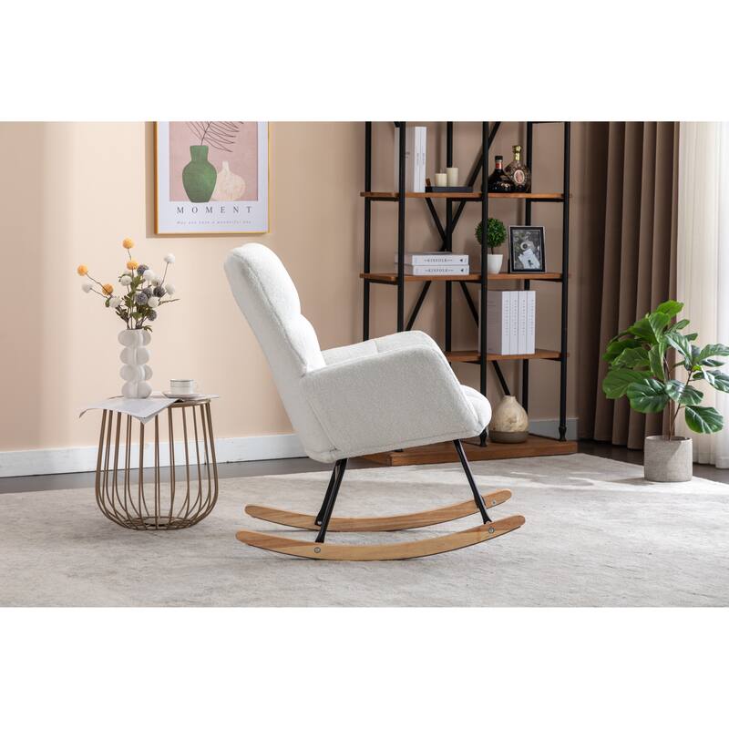 Teddy Fabric Upholstered Glider Rocker, Reading Chair with Thick Padded Seat, High Backrest Armchair with Wooden Legs
