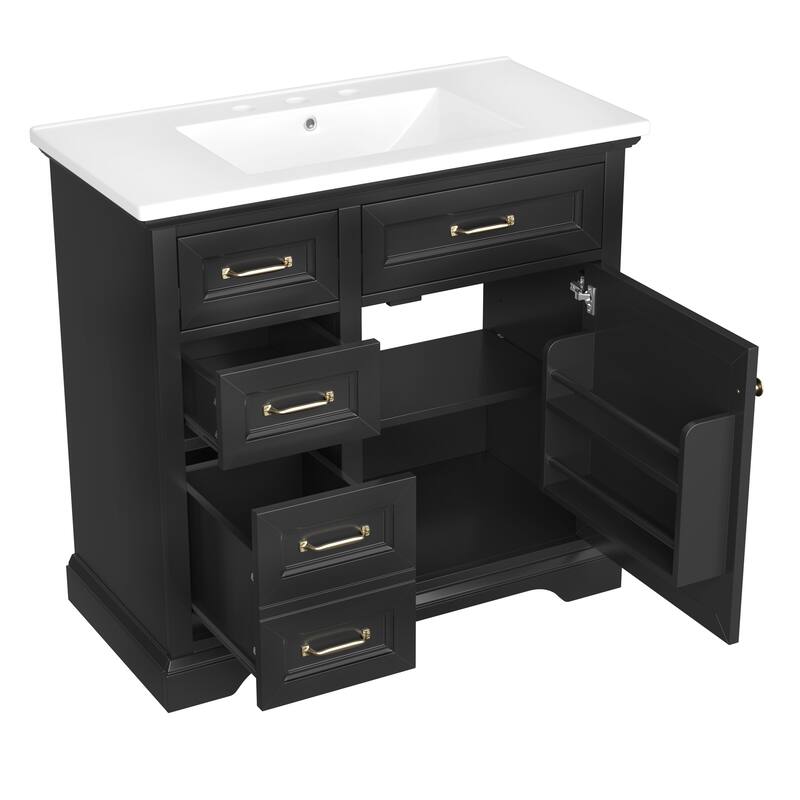 36-Inch Bathroom Vanity with Ceramic Sink Top, 4 Drawers and 1 Soft-Close Door, Freestanding Storage Cabinet with Metal Handles