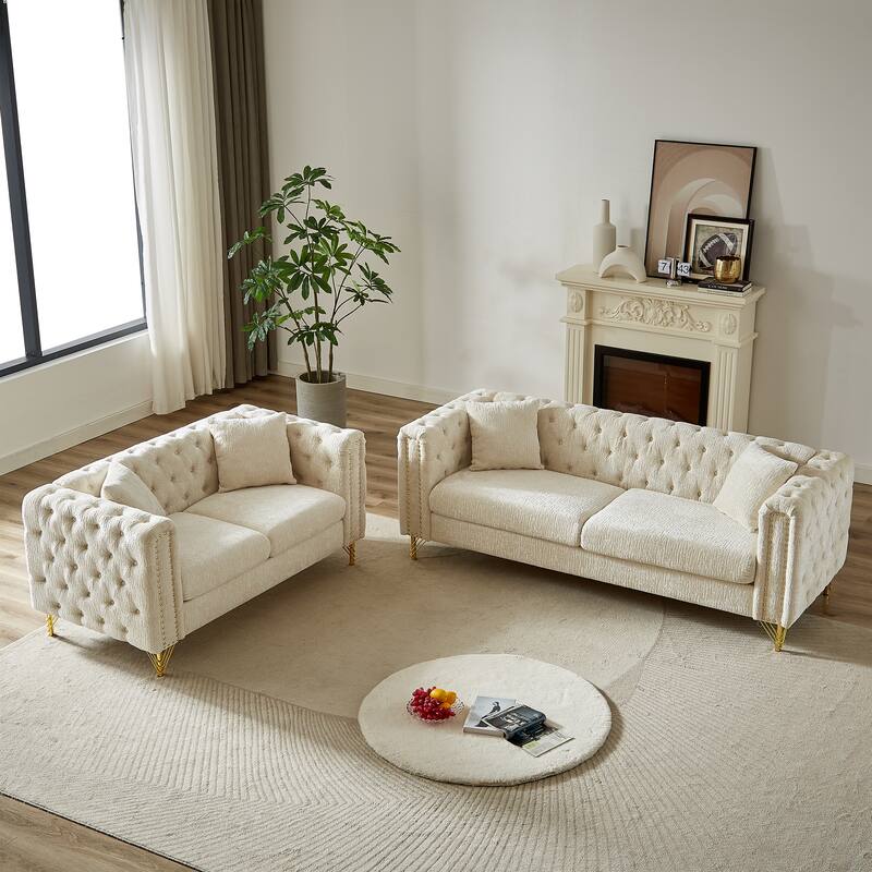 5-Seater Modern Chenille Sofa, Button Tufted with Metal Legs and Nailhead Trim