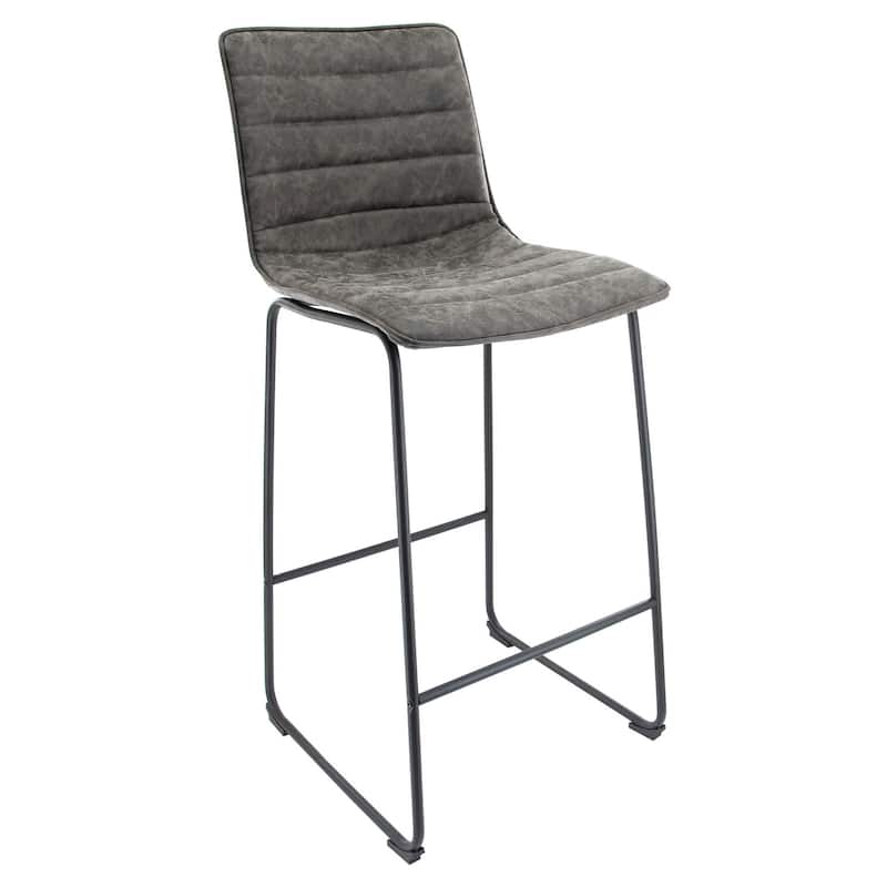 LeisureMod 29.9" Leather Bar Stool Black Iron Base & Footrest - Grey - 21"Dx19"Wx43"H
