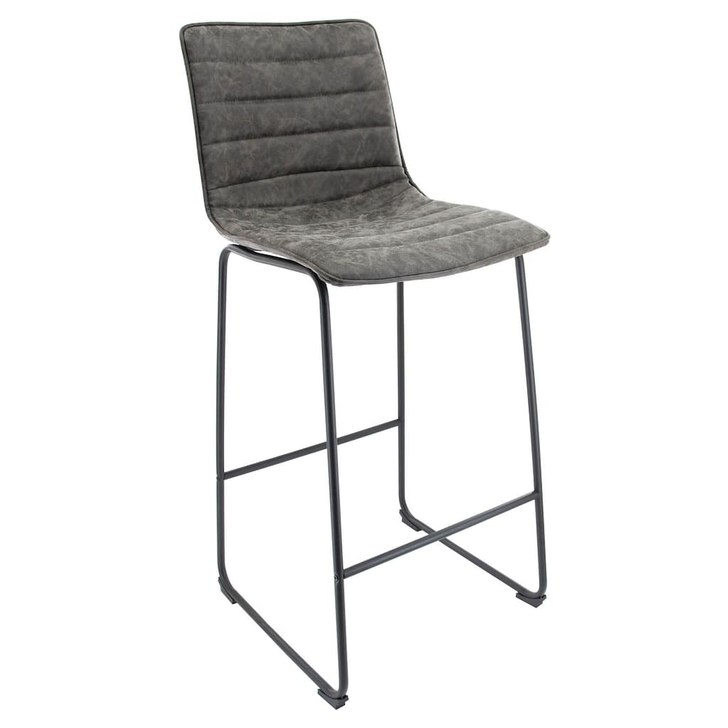 LeisureMod 29.9" Leather Bar Stool Black Iron Base & Footrest - Grey - 21"Dx19"Wx43"H