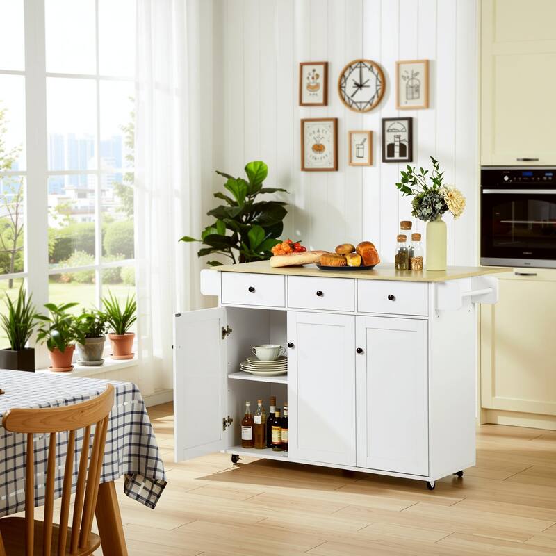 Homy Casa Oak White Kitchen Cabinet with Casters, 3 Drawers & 3 Doors