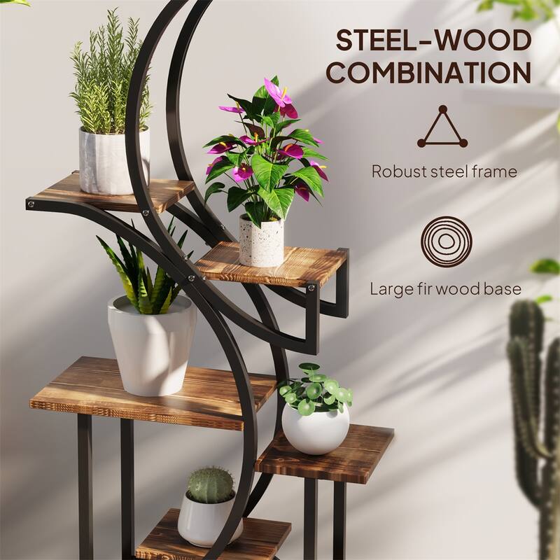 Eight-Tier Corner Plant Stand with S-Shaped Steel Frame and Fir Wood Shelves for Home Decor - 24.4" W x 10.2" D x 61.8" H