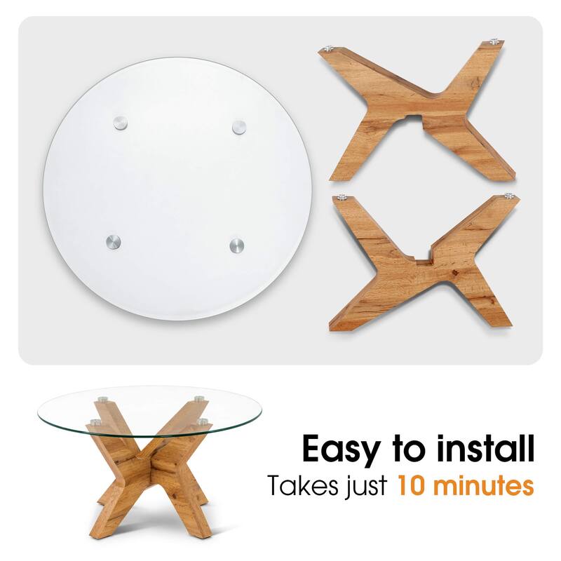 ivinta Round Glass Coffee Table, 31.5" Modern Small Center Table with Tempered Glass Top and MDF Legs