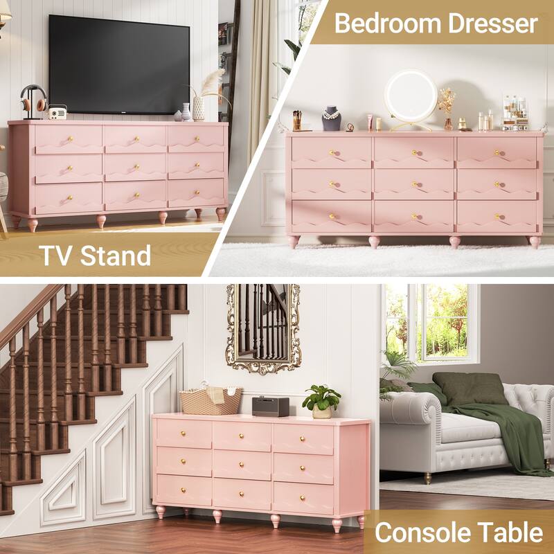 Modern 9-Drawer Dresser Closet Organizer, 63-In Chest of Drawers TV Stand
