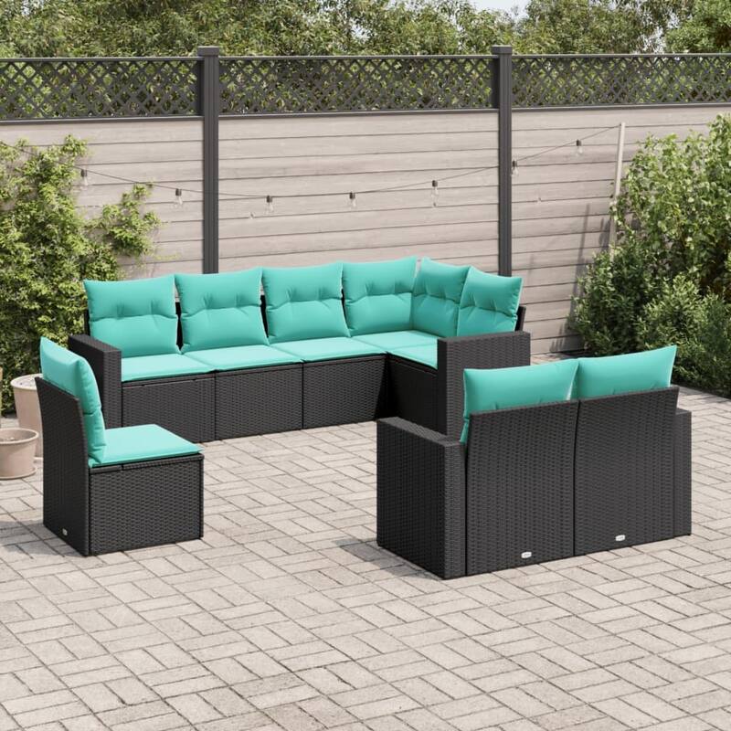 vidaXL 8/9 Piece Patio Sofa Set with Cushions Black Poly Rattan - 24.4" x 24.4" x 27.2" - Black and blue-Without table