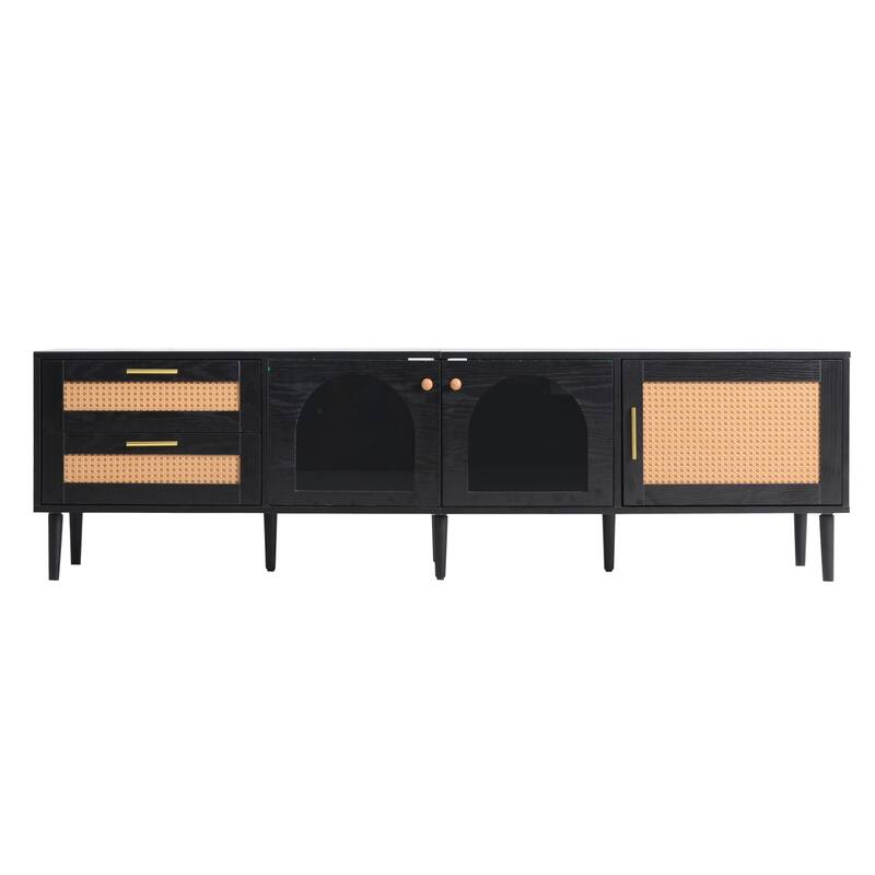 Modern Rattan TV Stand, Media Console, for TVs up to 80" with 3 Cabinets 2 Drawers and LED Lights, for Living Room, Bedroom