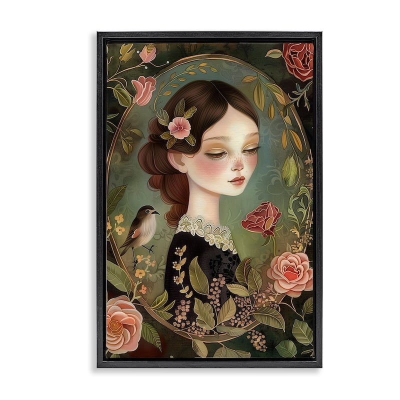 Stupell Vintage Lady & Floral Border Framed Floater Canvas Wall Art Design By The Dutch Lady - 17 x 25 - Black