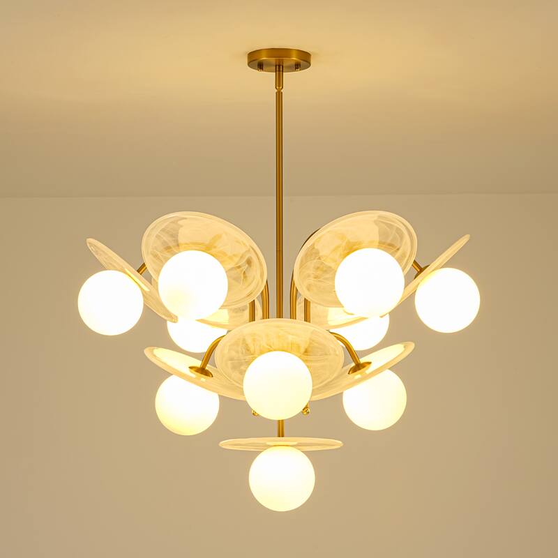 29.1" W 10-Light Mid-Century Chandelier with Cloud Glass Discs and Opal Globes in Brushed Gold