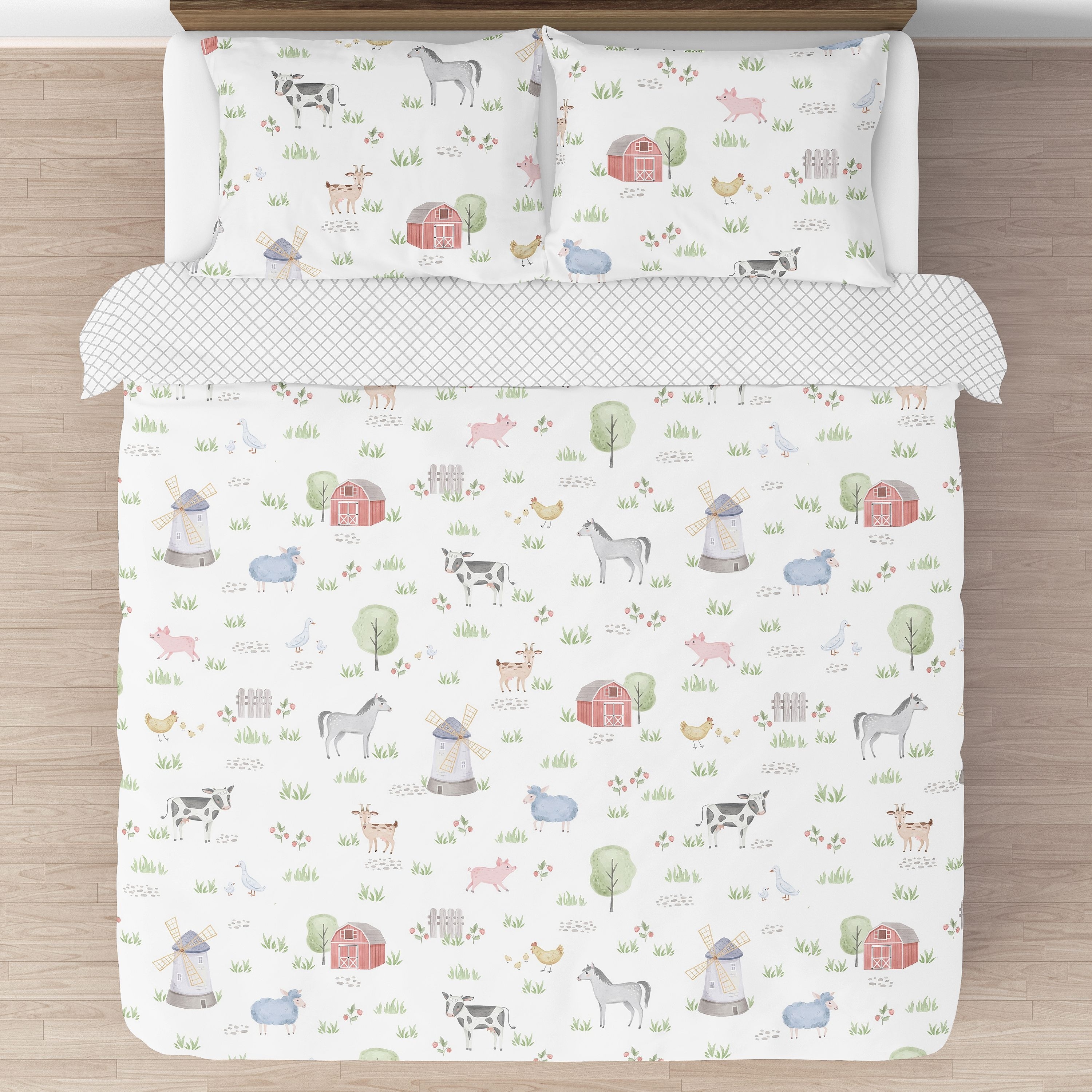 Gray Farmhouse Farm Animals Full/Queen Printed Quilt Set Country Shabby 