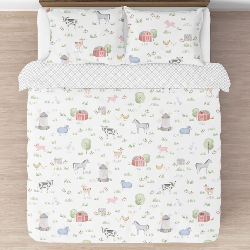 Farm Animals Collection Boy Girl 3-piece Full / Queen-size Comforter Set - Watercolor Farmhouse Lattice Horse Cow Sheep Pig