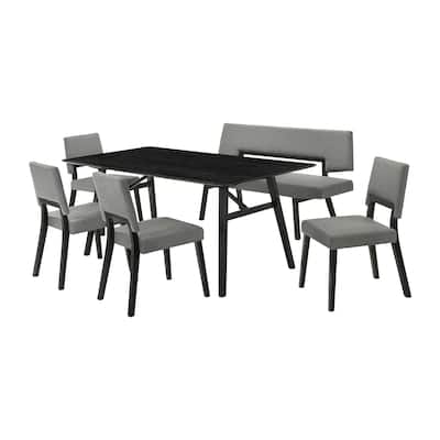 Yumi 6 Piece Dining Table Set, Chairs, Bench in Charcoal Fabric, Black