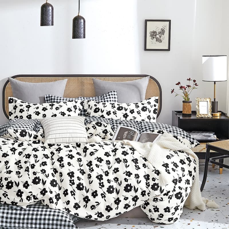 Hepburn Black White Floral 100% Cotton Reversible Duvet Cover Set Queen Full
