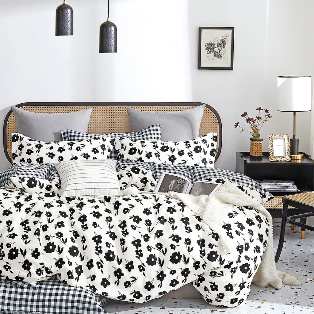 Hepburn Black White Floral 100% Cotton Reversible Duvet Cover Set Queen Full