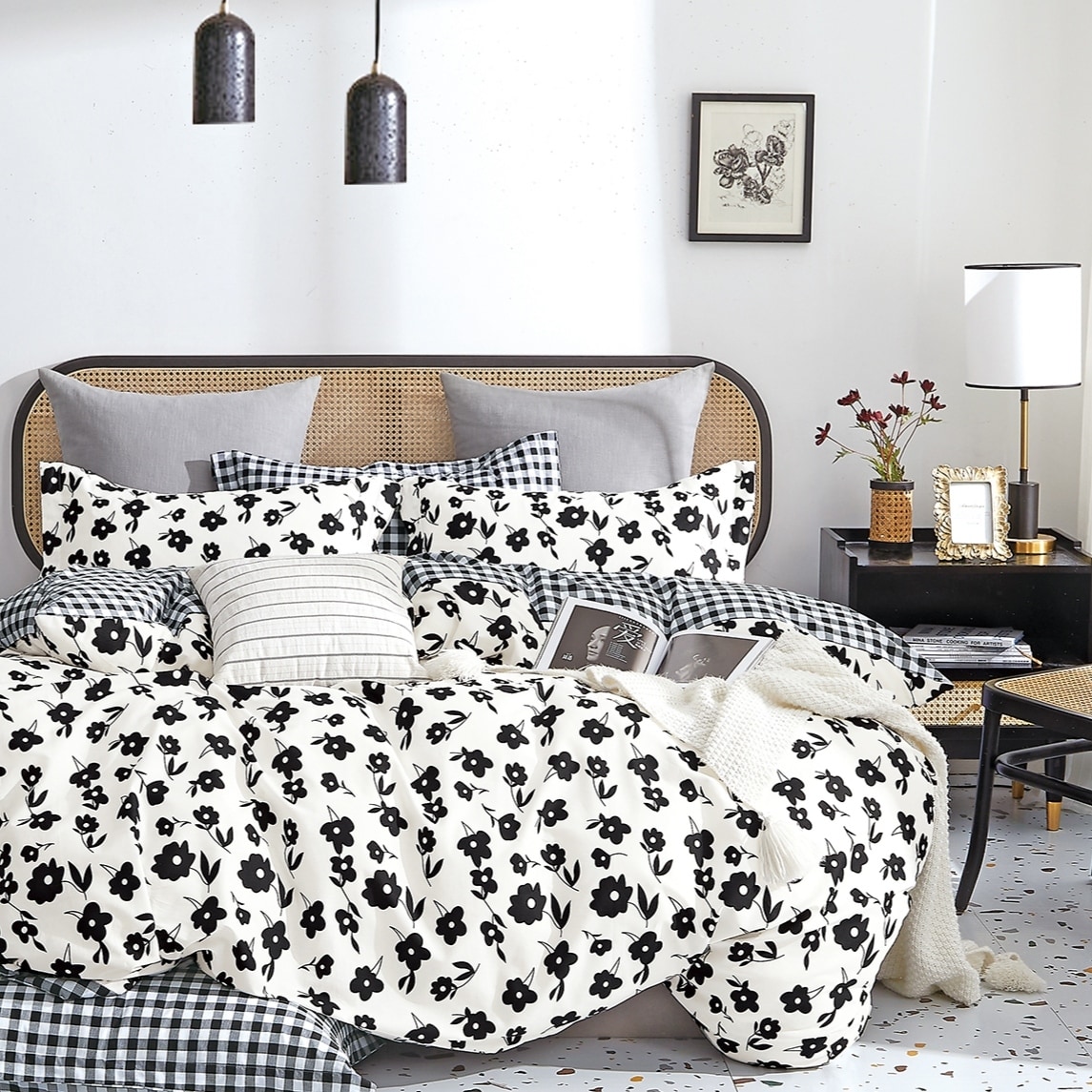 Hepburn Black White Floral 100% Cotton Reversible Duvet Cover Set Queen Full