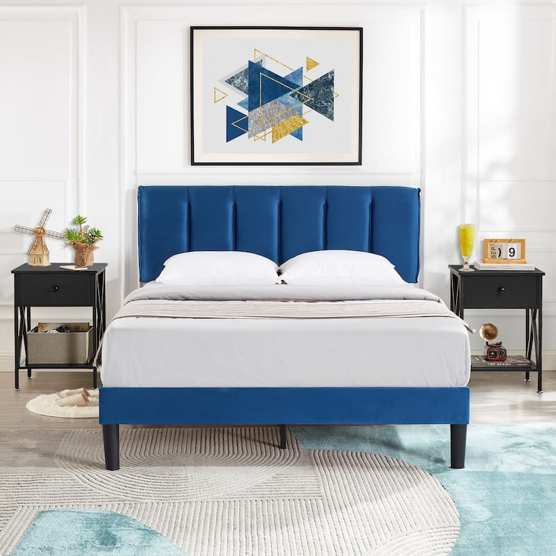 VECELO 3-Pieces Tufted Upholstered Platform Bed Frame with Adjustable Height Headboard and Nightstands Set of 2, Dark Blue