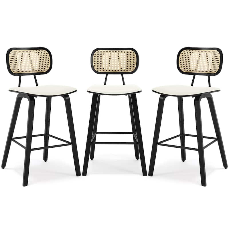 26-inch Wood Counter Height Bar Stools with Rattan Back - Set of 3 - White PU-black frame