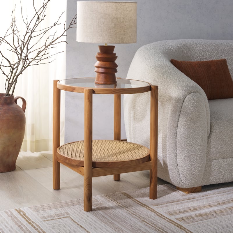 SAFAVIEH Couture Alberdine Rattan/Glass Accent Table - 23 In. W x 23 In. D x 24 In. H - 23"W x 23"D x 24"H - Natural