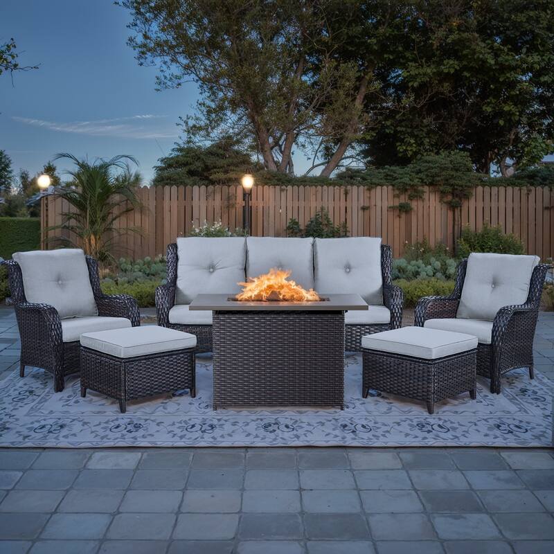 6 Piece Furniture Sofa Set with Propane Fire Pit Table - Brown - Beige - Brown