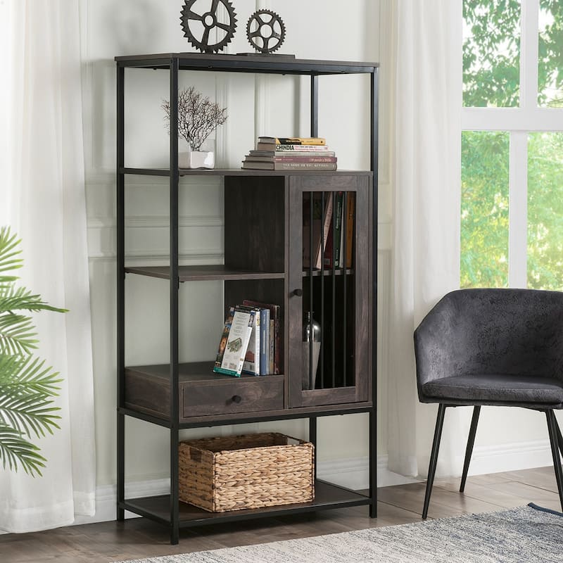 Home Office Bookcase, 5 Tier Bookshelf with Door and Drawer