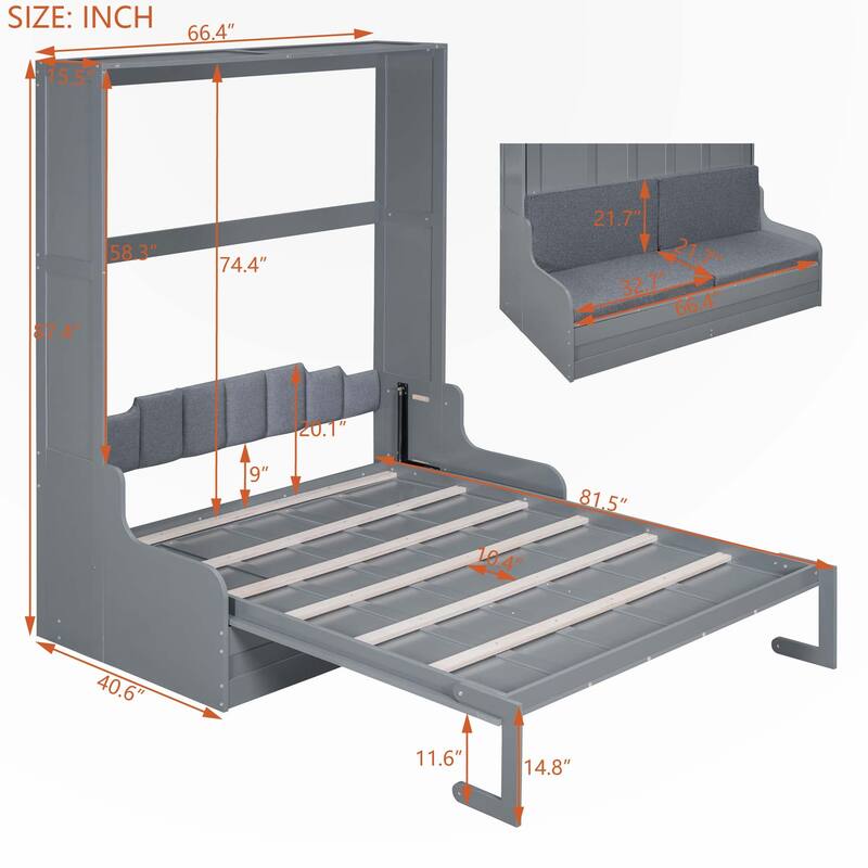 Queen Size Murphy Bed Wall Bed with Cushion