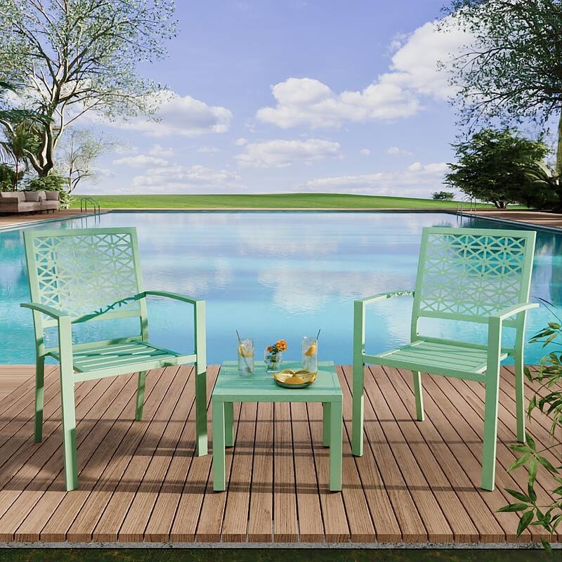 3-Piece Bistro Set, Outdoor Bistro Set, Stackable Metal Square Table and Chairs - 22.8x21.5x35in - Green