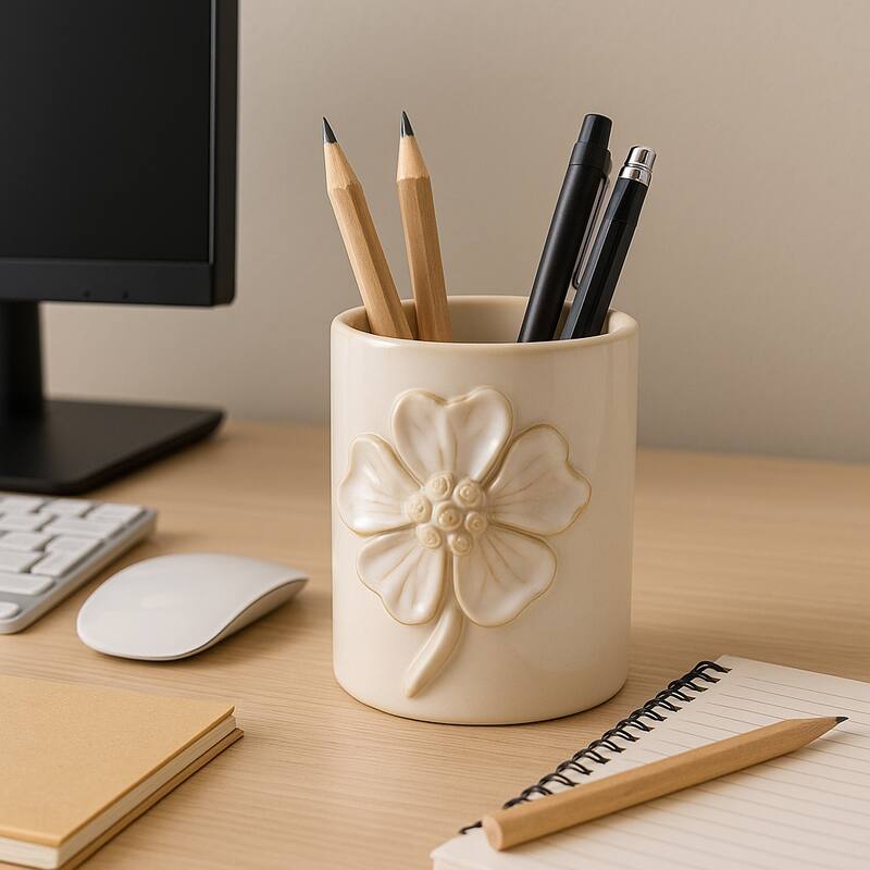 Ceramic Cute Pencil Cup Decorative Flower Office Desk Accessory