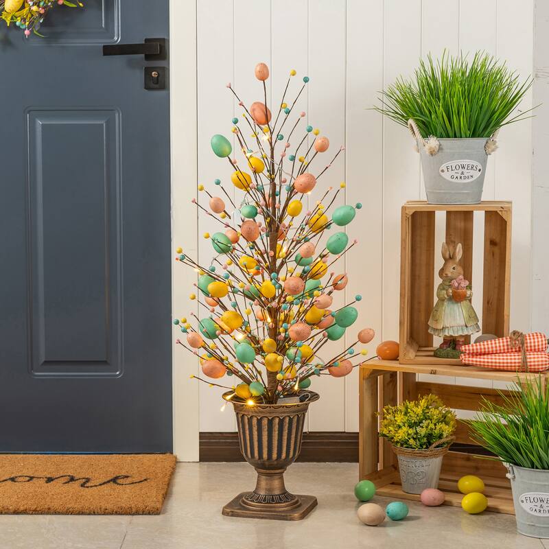 Glitzhome 36"H Easter Egg Berries Flower Urn Porch Tree with 20 Warm White Lights and Timer