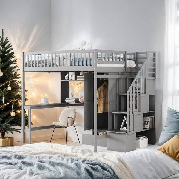 slide 2 of 18, Playhouse Inspired Full size Loft Bed with Bookshelf, Drawers, Desk and Wardrobe, Sturdy Construction & Unique Design, Grey Grey