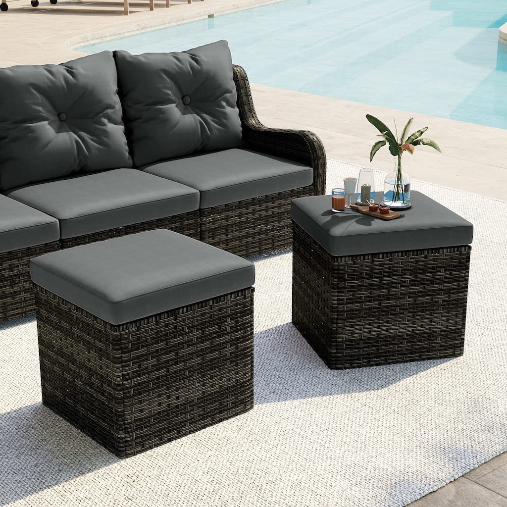 2 Set 17.7" W Outdoor Rattan Patio Square Ottoman with Cushion